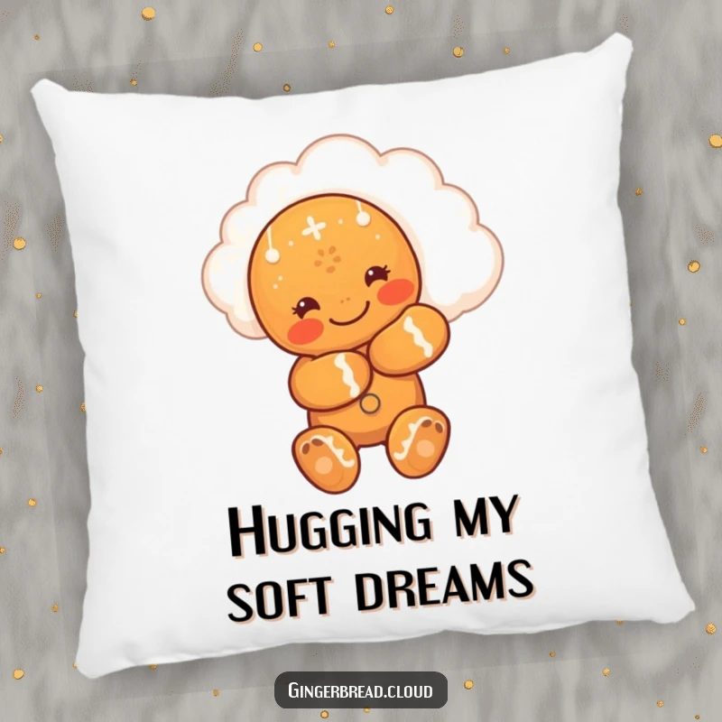Funny pillow featuring a cute gingerbread man hugging a smiling cloud, designed for comfort and spreading warm feelings.