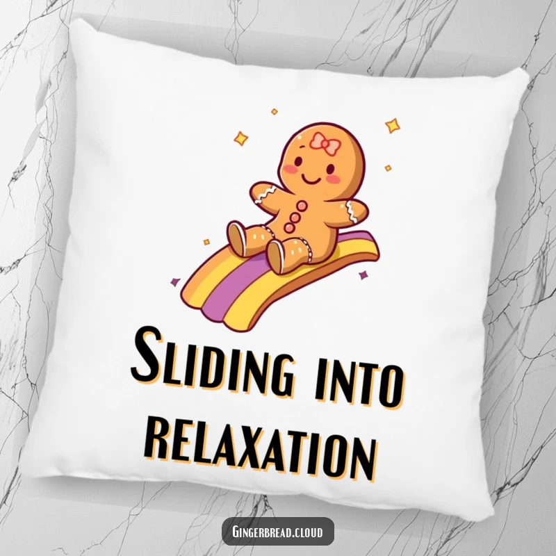 Funny pillow with a gingerbread character gleefully sliding down a rainbow, perfect for adding comfort and cheer to any room.