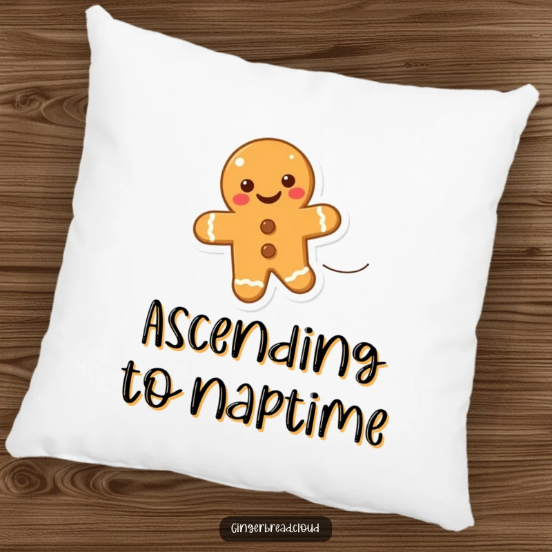 Funny pillow featuring a smiling gingerbread cookie floating gently on a wind gust, promoting comfort and happy thoughts.