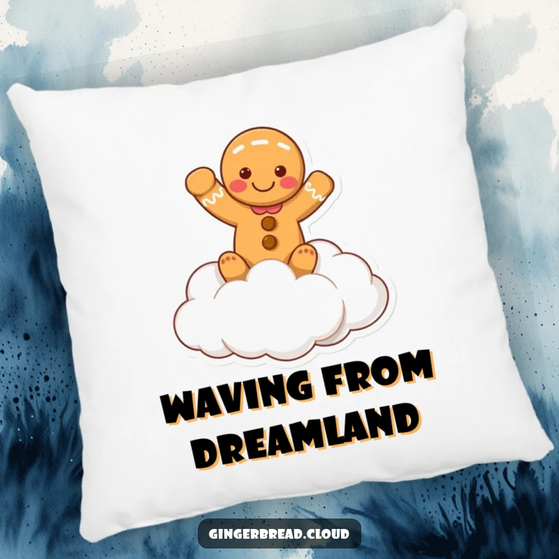 Funny pillow featuring a gingerbread person waving cheerfully from a fluffy cloud, designed for comfort and friendly vibes.
