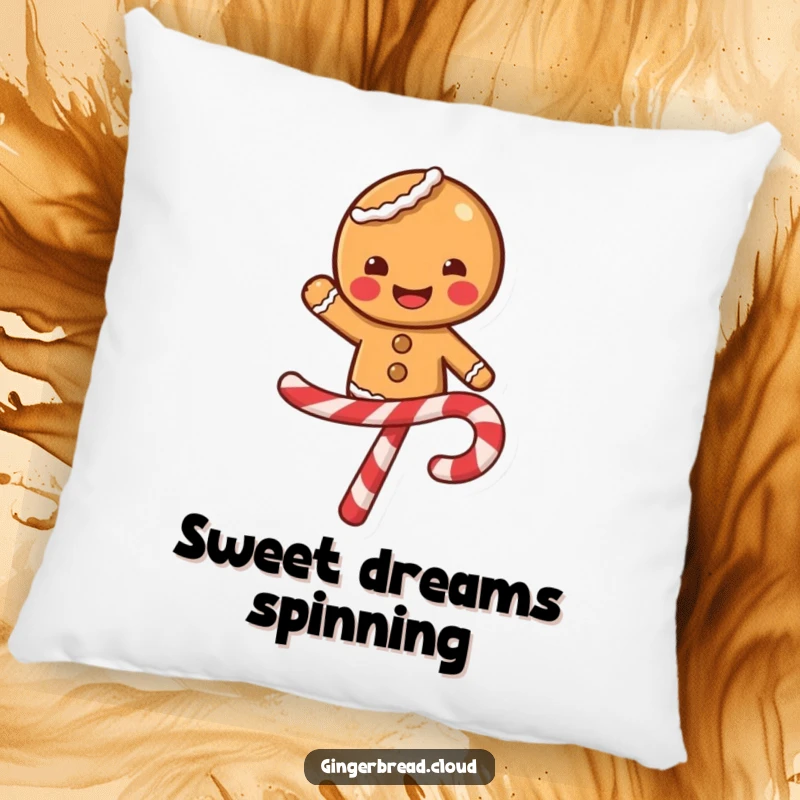 Funny gingerbread character with a wide smile balancing on a swirling candy cane, cozy decorative pillow, festive and sweet comfort.