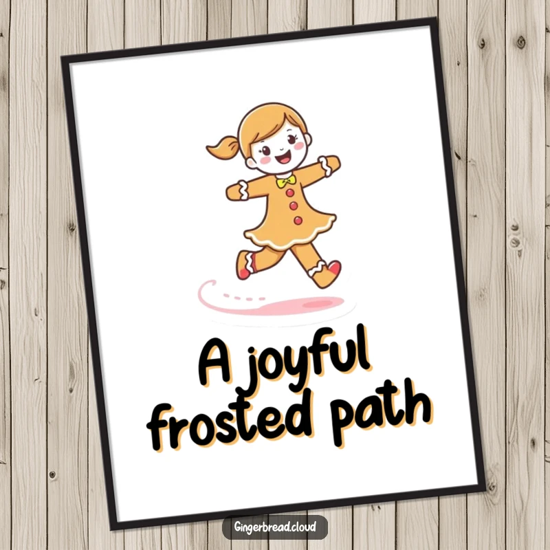 Funny gingerbread woman digital art print, a joyful character skipping, leaving a trail of frosting, festive and whimsical.