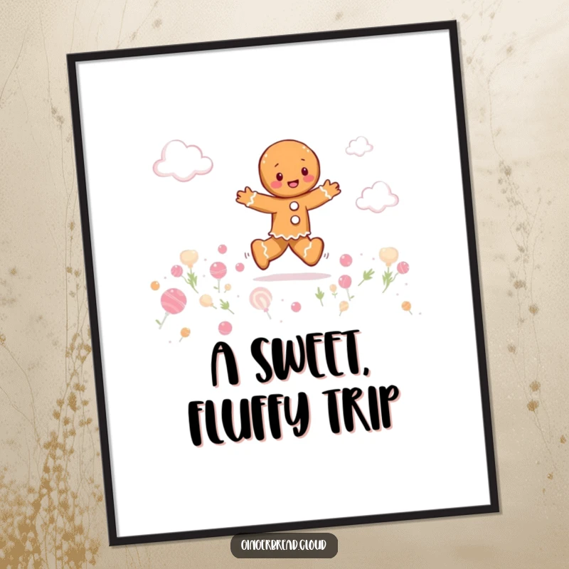 Funny gingerbread person playfully skipping through a field of candy clouds, whimsical digital art print, sweet and cheerful design.