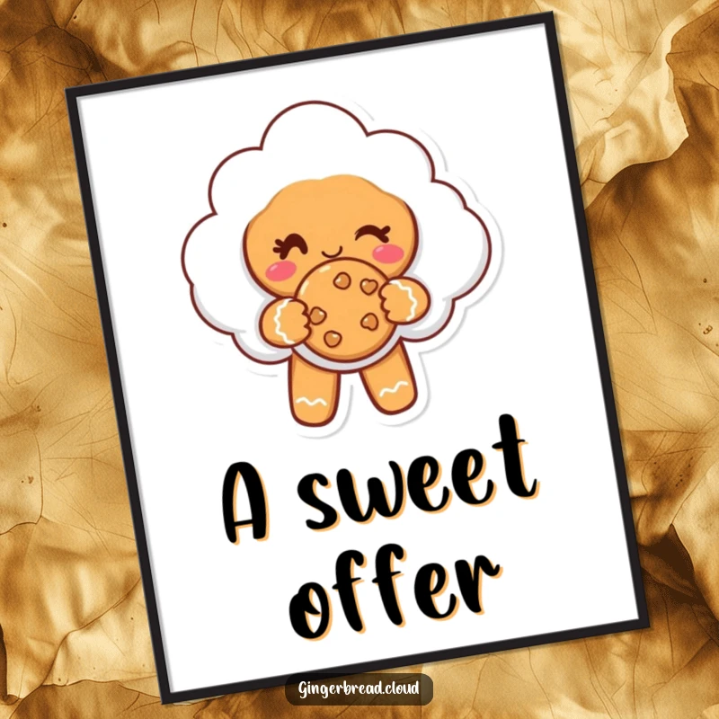 Funny digital art print of a gingerbread cloud character winking and offering a cookie, designed for instant cheer.