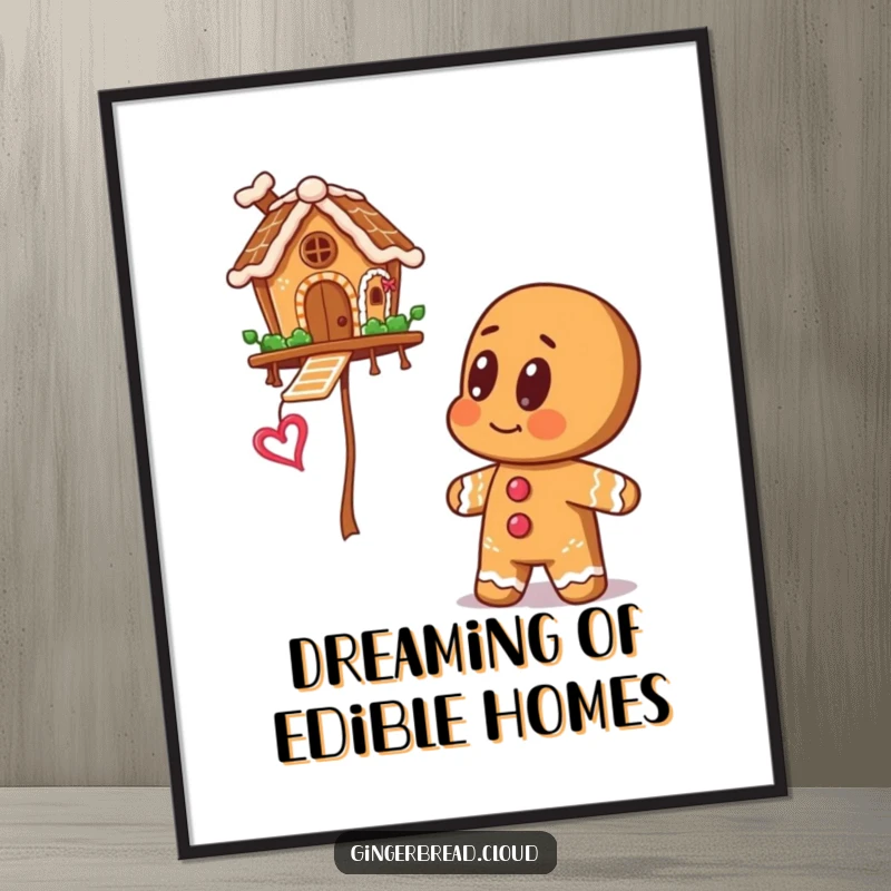 Gingerbread man with large, expressive eyes looking up at a floating gingerbread house, as digital art for whimsical online display.