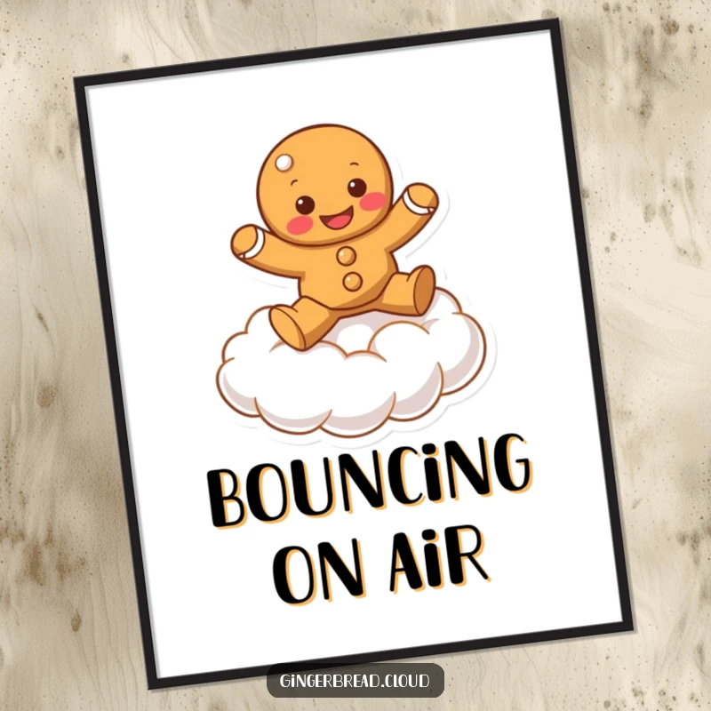 Funny gingerbread character bouncing happily on a soft cloud, as a digital art print.