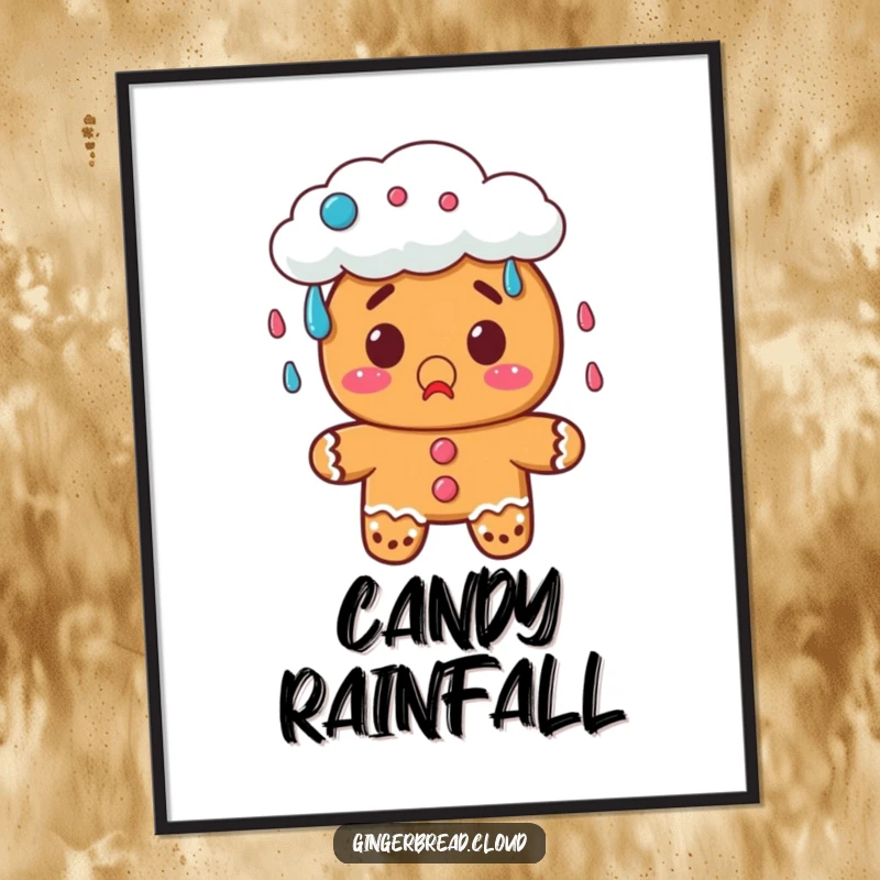 Funny gingerbread digital art print of a surprised character watching a cloud rain candy, perfect for decor.