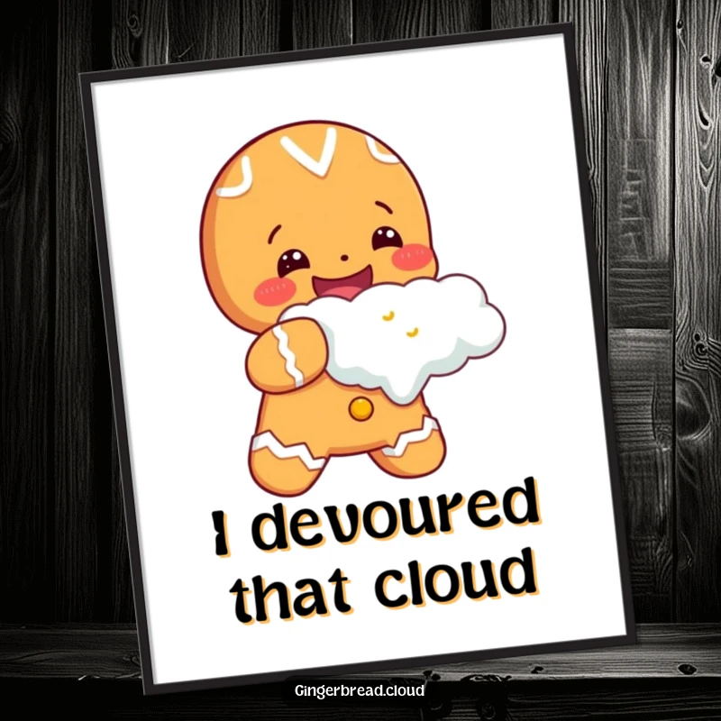Cheerful gingerbread character taking a huge bite out of a fluffy cloud, as digital art for joyful online or screen display.
