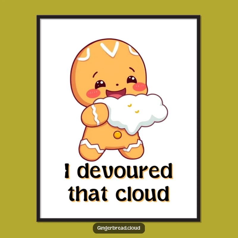 Cheerful Gingerbread Cloud Bite Digital Art: Happy Cookie Print - Gift Idea