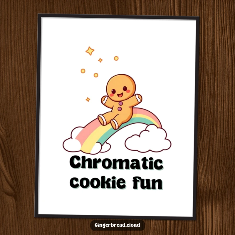 Funny gingerbread cookie digital art print of a gingerbread cookie character gleefully sliding down a rainbow, ready to bring joy.
