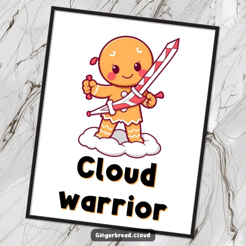 Funny digital art print of a determined gingerbread person with a candy cane sword, standing on a cloud.