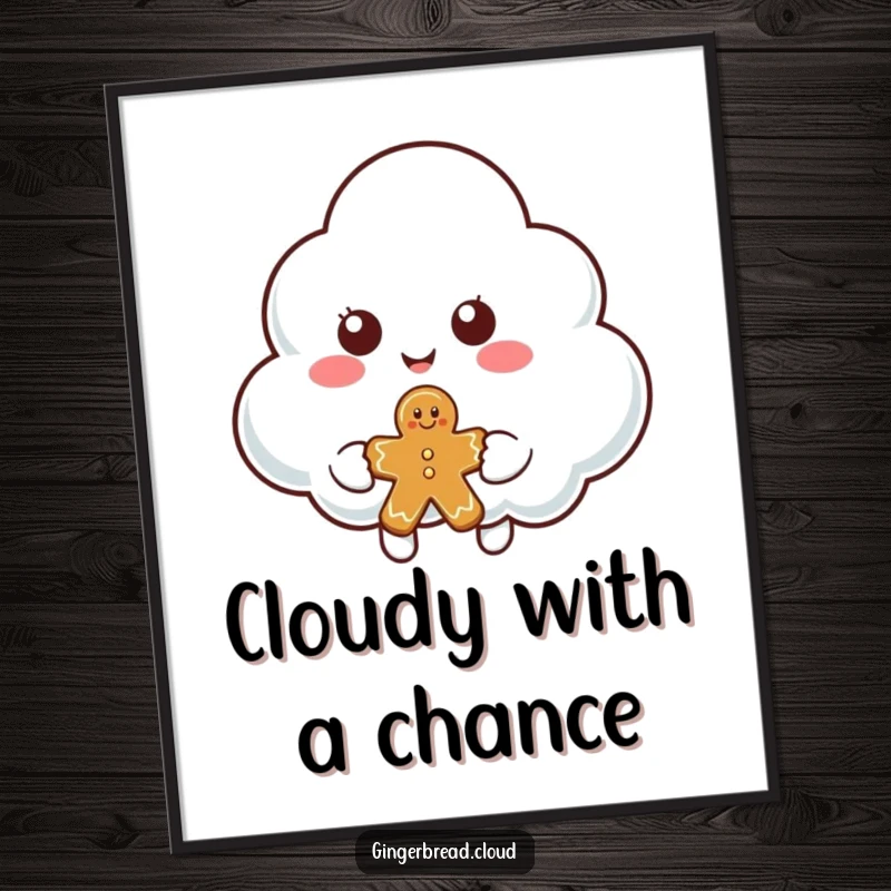 Funny cloud character digital art print of a smiling cloud offering a piece of gingerbread, ready to bring kindness.