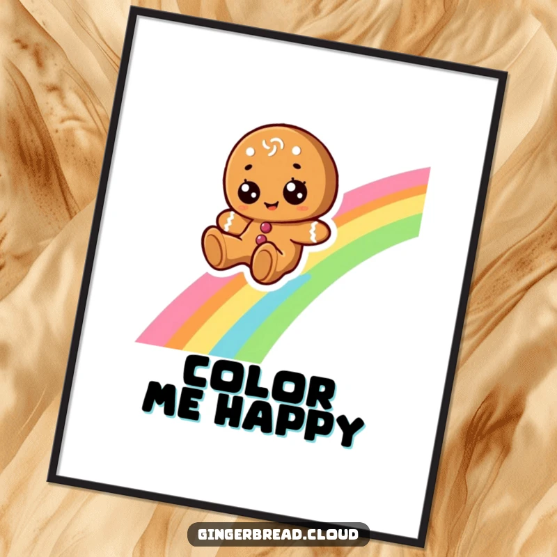Funny digital art print of a cheerful gingerbread character with big eyes, sliding down a colorful rainbow, ready for download.