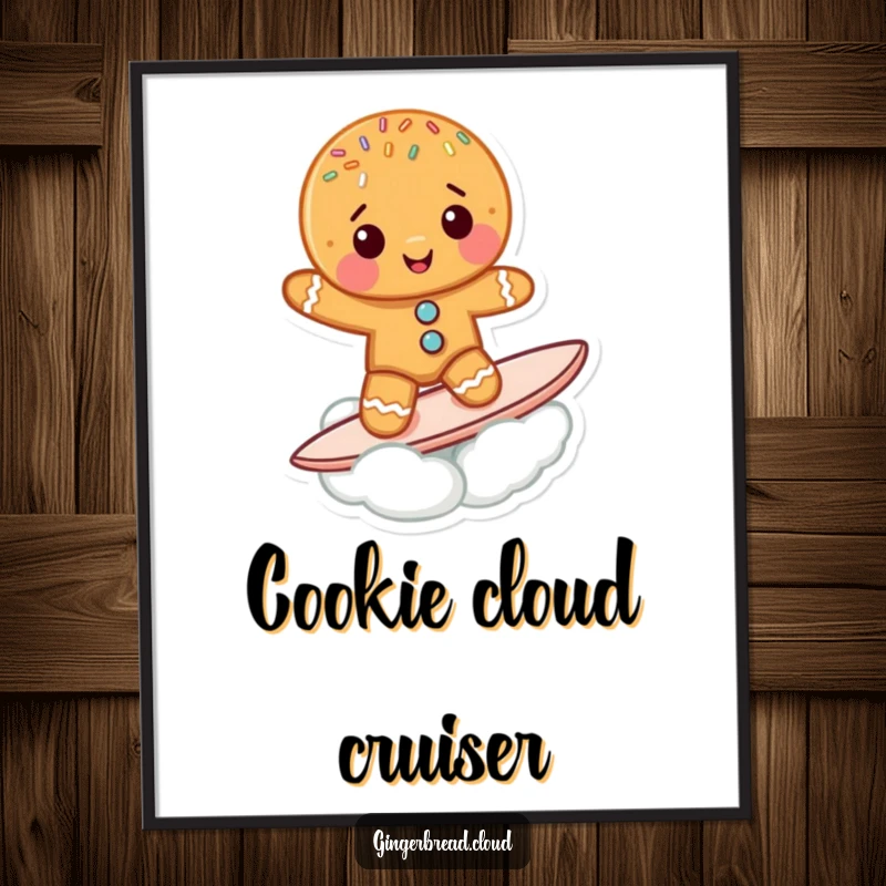 Funny Gingerbread Cookie Digital Art Print: A cute gingerbread character surfs a cloud, offering a fun and sweet digital decoration.