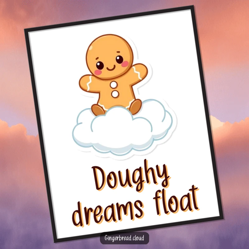 Funny digital art print of a cute gingerbread character joyfully balancing on a fluffy cloud. Instant downloadable decor.
