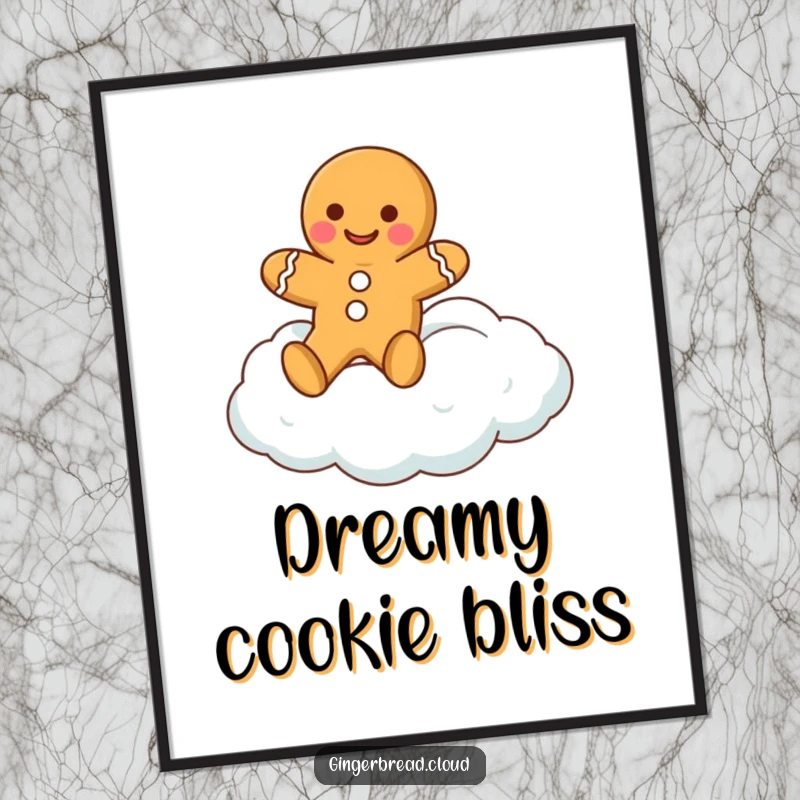 Funny gingerbread man digital art print of a happy gingerbread cookie character floating on a cloud, ready to bring sweet joy.