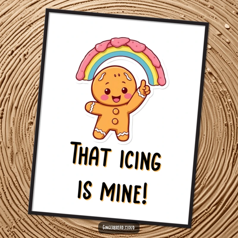 Excited gingerbread cookie character pointing at a vibrant icing rainbow, as digital art for cheerful online or screen display.