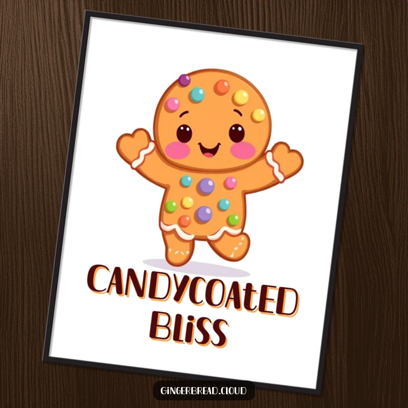 Funny Digital Art Print of a joyful gingerbread man covered in candy dots, captured mid-hop, bringing sweet energy.