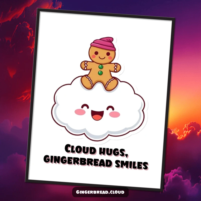 Funny digital art print of a happy cloud character giving a gingerbread man a ride through a bright, cheerful sky.