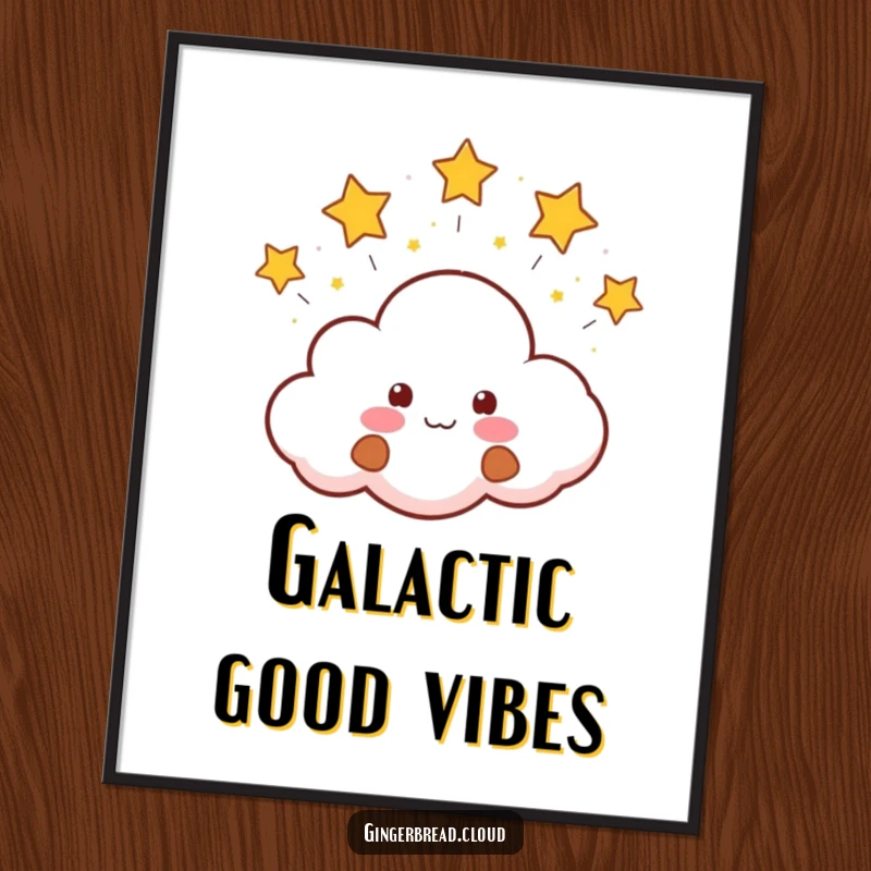 Funny digital art print of a cute gingerbread cloud character joyfully blowing small, shimmering stars. Instant downloadable decor.