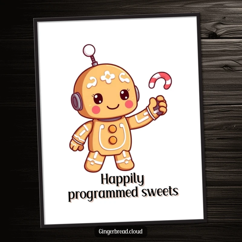 Funny digital gingerbread robot art, waving a candy cane antenna, cheerful and futuristic.
