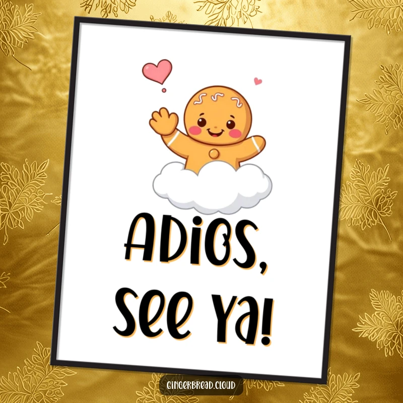 Funny gingerbread character waving goodbye while floating on a cloud, as a digital art print.