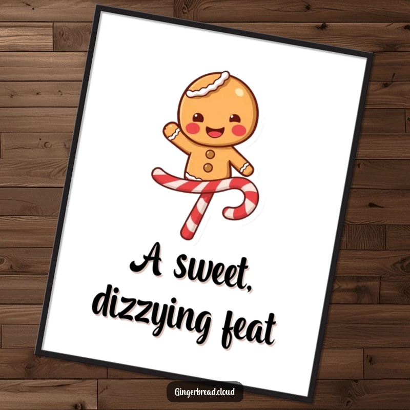 Funny gingerbread character with a wide smile balancing on a swirling candy cane, festive digital art print, sweet and cheerful design.