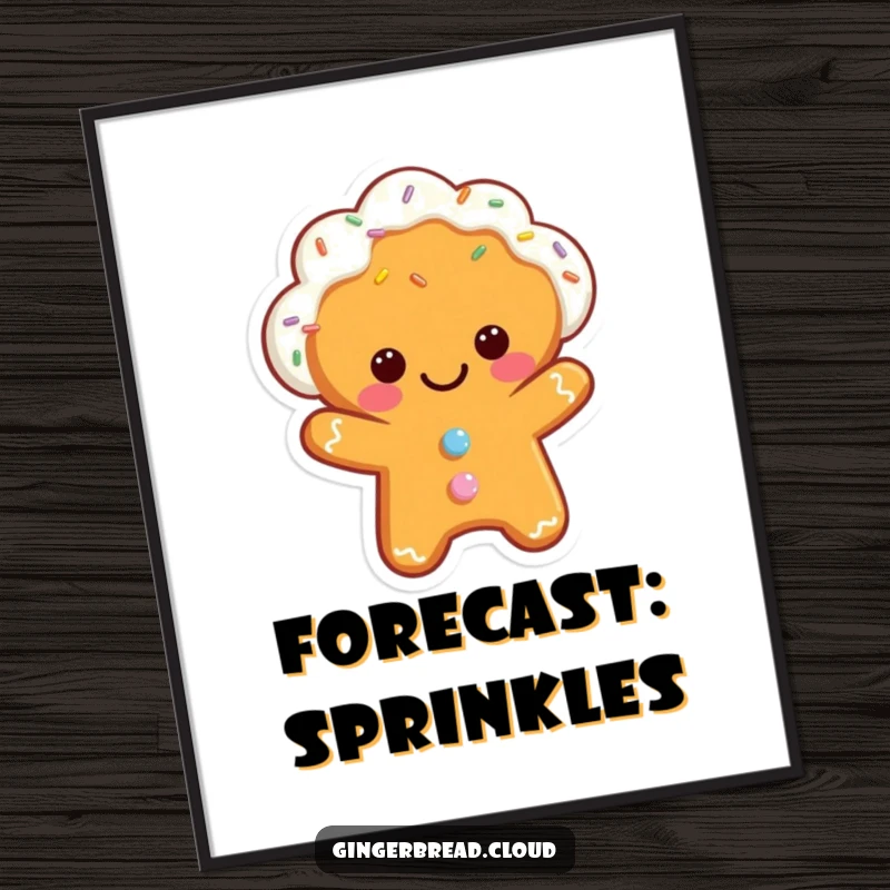 Funny digital art print of a smiling gingerbread cloud character, adorned with falling sprinkles for a cheerful aesthetic.