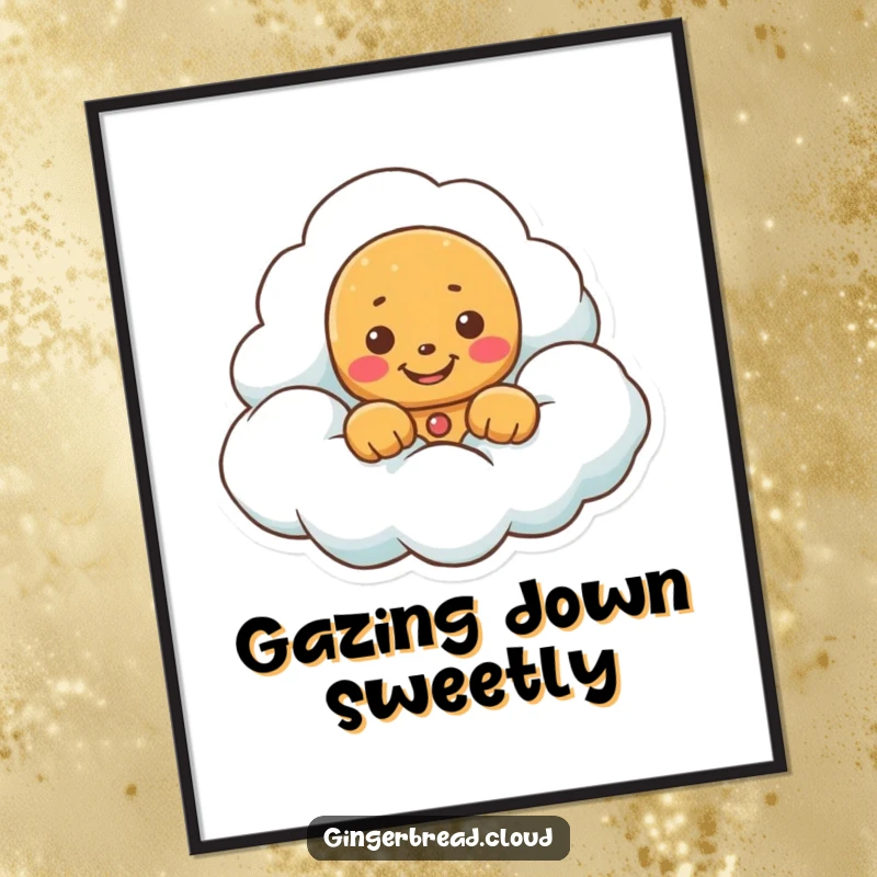 Funny digital art print of a gingerbread cookie peeking from a cloud with a happy grin, pure delight.