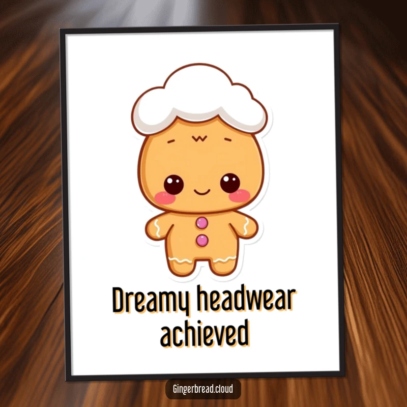 Funny digital art print of a gingerbread character wearing a cloud hat, ready for charming decor download.