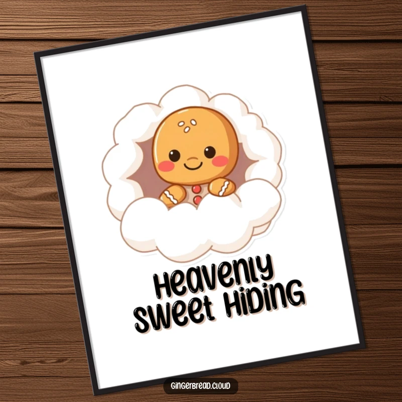 Funny gingerbread character digital art, peeking from a cloud hollow, whimsical and enchanting wall decor, perfect funny gift for instant charm.