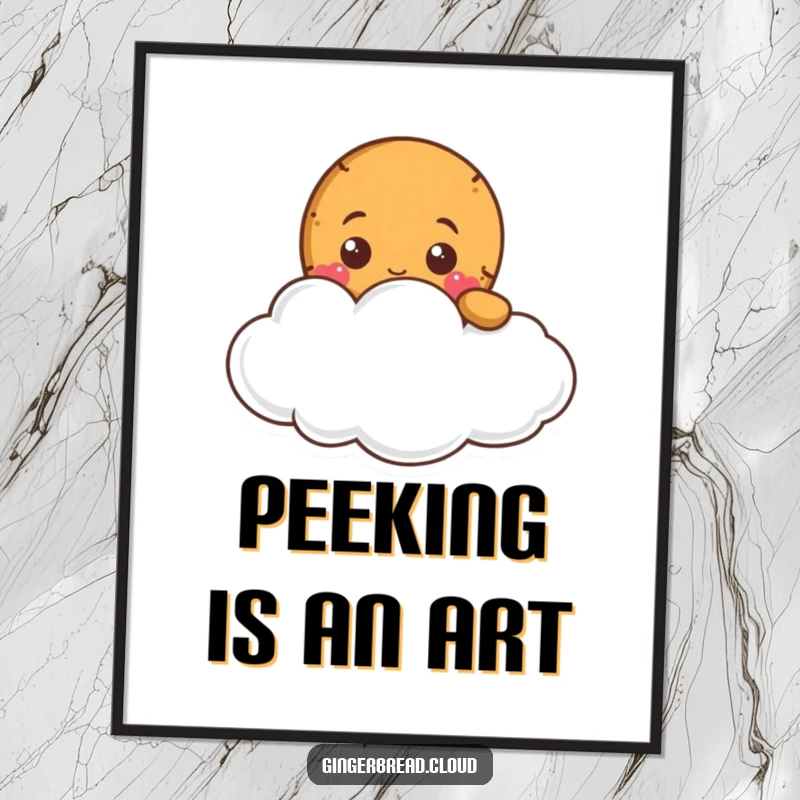 Funny gingerbread character peeking mischievously from behind a soft cloud, as a digital art print.