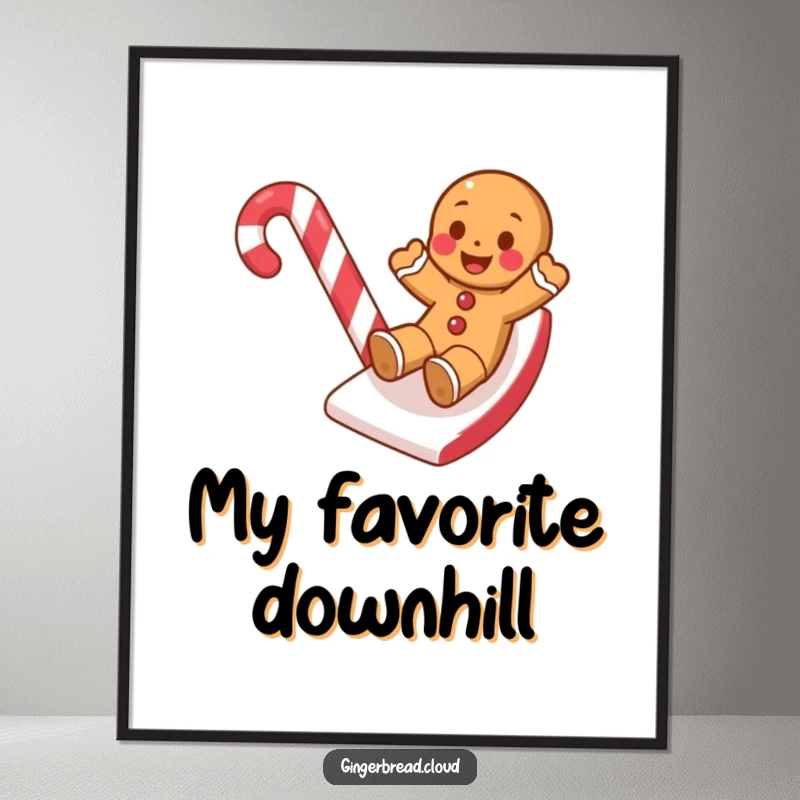 Funny digital art print of a gingerbread cookie gleefully sliding down a candy cane, capturing festive delight.