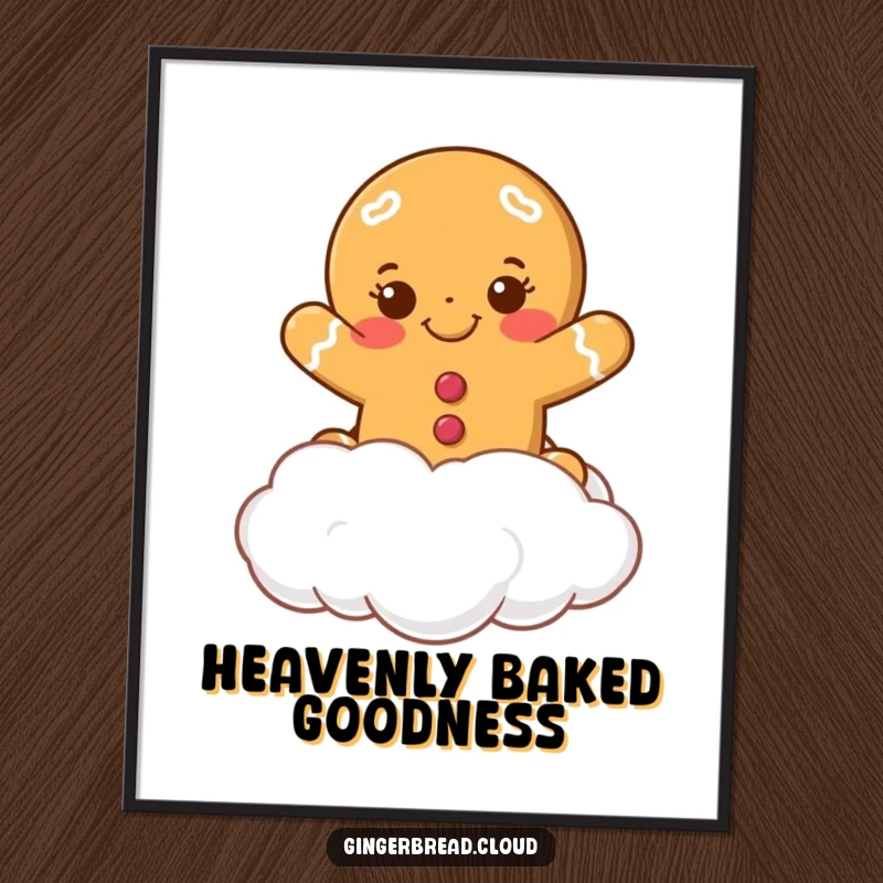 Funny smiling gingerbread cookie leaping from a fluffy white cloud, presented as a high-resolution digital art print for instant download.