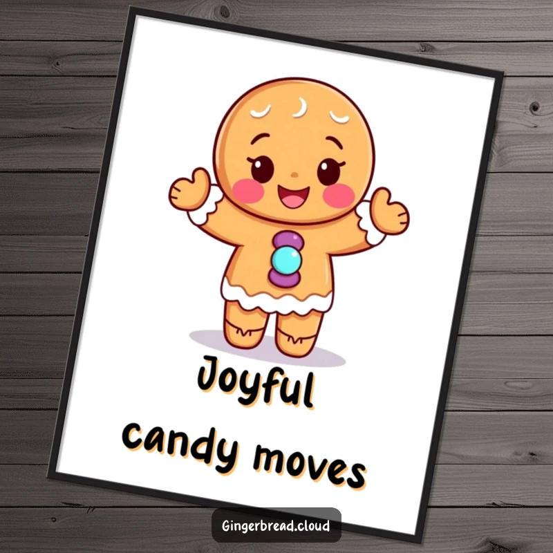 Funny digital art: A smiling gingerbread with candy buttons dances with pure joy, adding a humorous and vibrant touch.