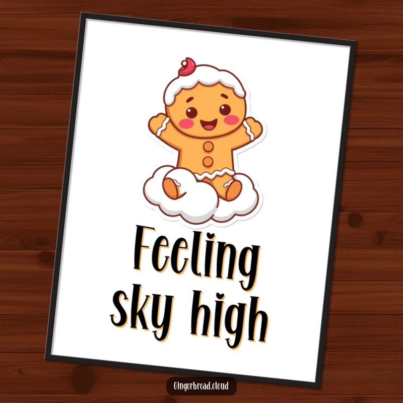 Funny Digital Art: High-resolution image of a smiling gingerbread man with frosting, playfully jumping on a fluffy cloud.
