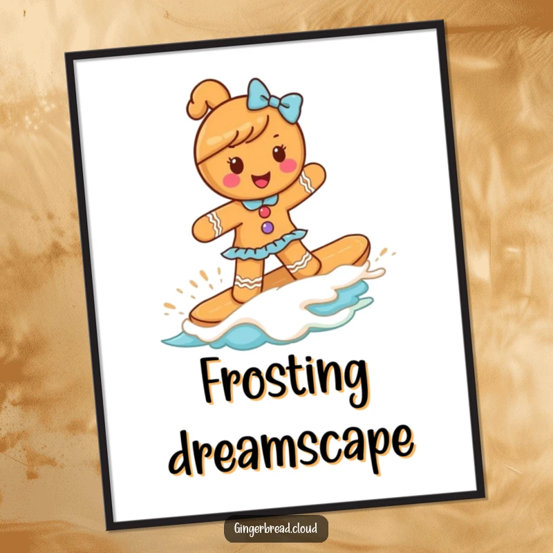 Funny gingerbread girl surfing a frosting wave in this digital art, perfect for humorous and sweet wall decor, instantly downloadable.