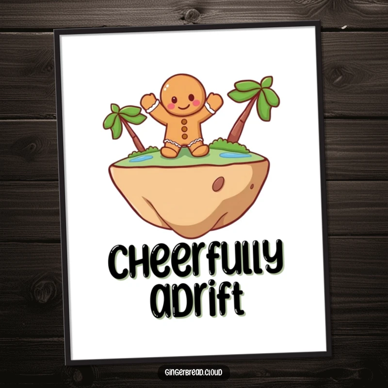 Funny Digital Art Print of a cheerful gingerbread man waving from a floating island, a high-resolution, humorous illustration for instant download.