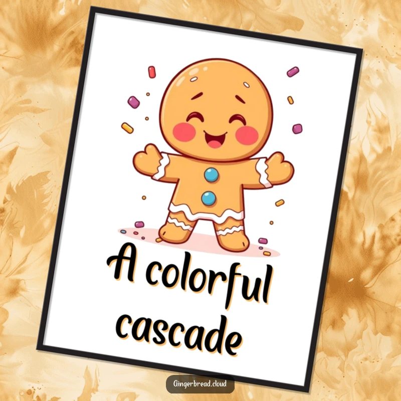 Funny digital art print of a gingerbread man joyfully juggling candy sprinkles, full of sweet energy.