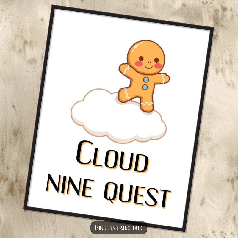 Funny lopsided gingerbread man comically attempts to hop onto a cloud in this digital art, perfect for humorous and whimsical decor.