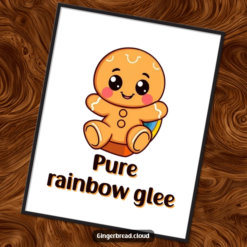Funny digital art print of a cheerful gingerbread character with large eyes sliding down a rainbow.
