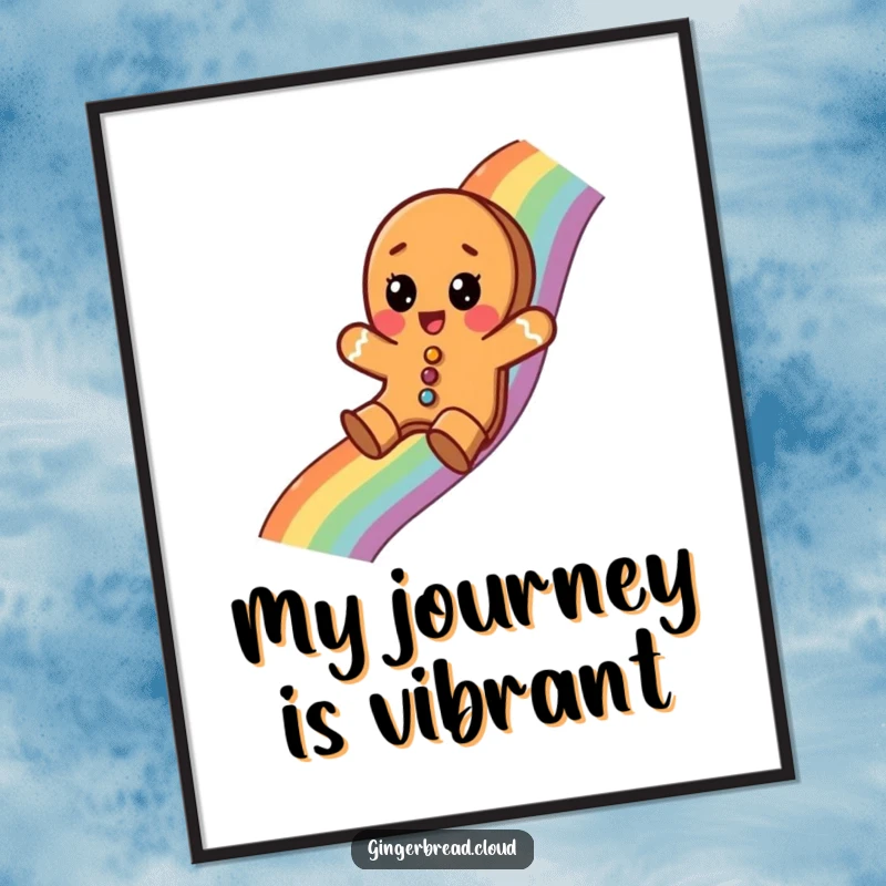 Funny digital art of a gingerbread cookie surprised while sliding down a rainbow, a magical and festive statement piece.