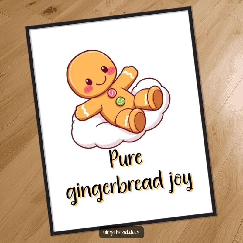 Funny gingerbread man digital art print of a smiling character with candy buttons playfully sliding down a white cloud, offering whimsical decor.