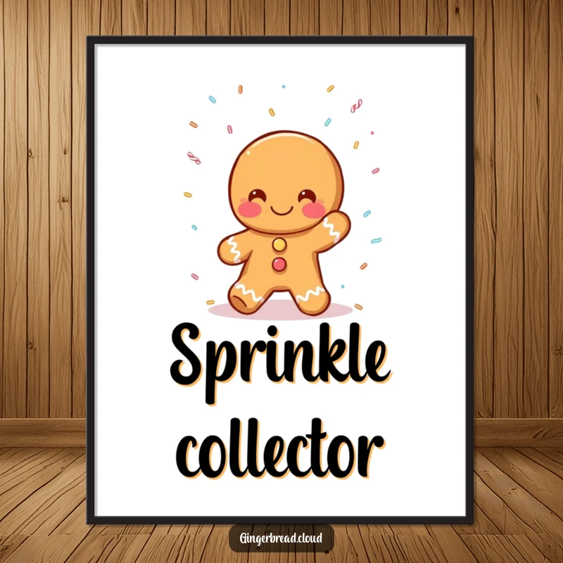 Funny gingerbread person digital art, catching falling sprinkles, sweet and humorous wall decor, perfect funny gift for instant charm.