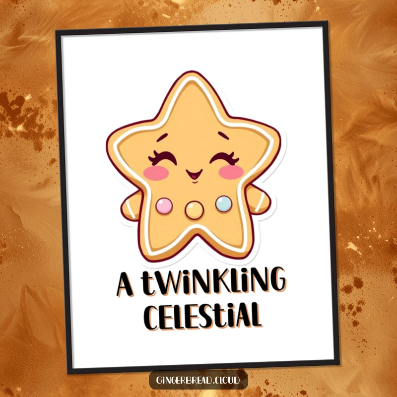 Funny gingerbread star digital art print, a winking character with sparkling candy buttons, festive and whimsical.