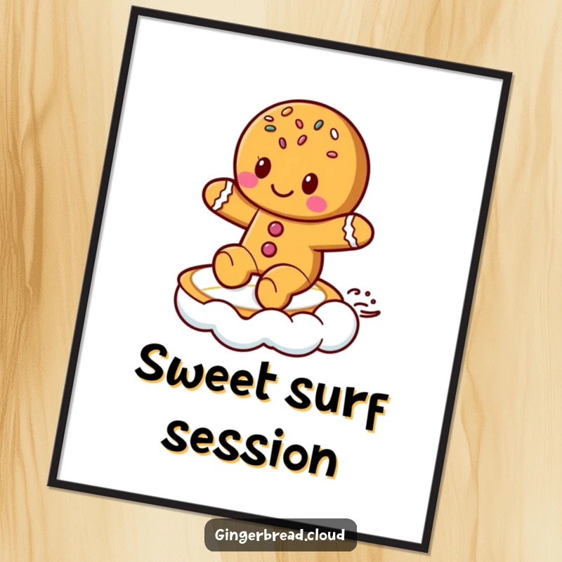 Funny Digital Art: High-resolution image of a cute gingerbread cookie with sprinkles, coolly surfing on a cloud.