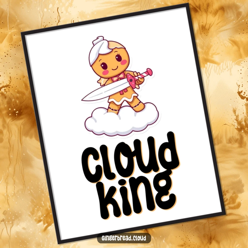 Funny digital art print of a determined gingerbread person warrior with a candy cane sword, standing on a cloud, ready for download.