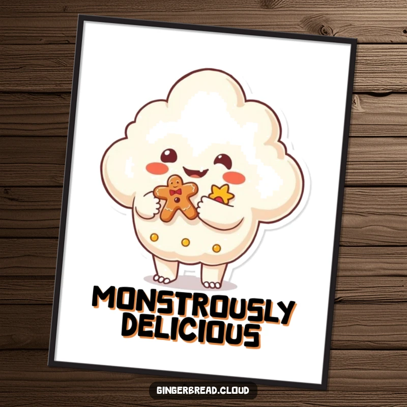 Funny Digital Art Print of a friendly monster shaped cloud handing a gingerbread gift, a high-resolution, humorous illustration for instant download.