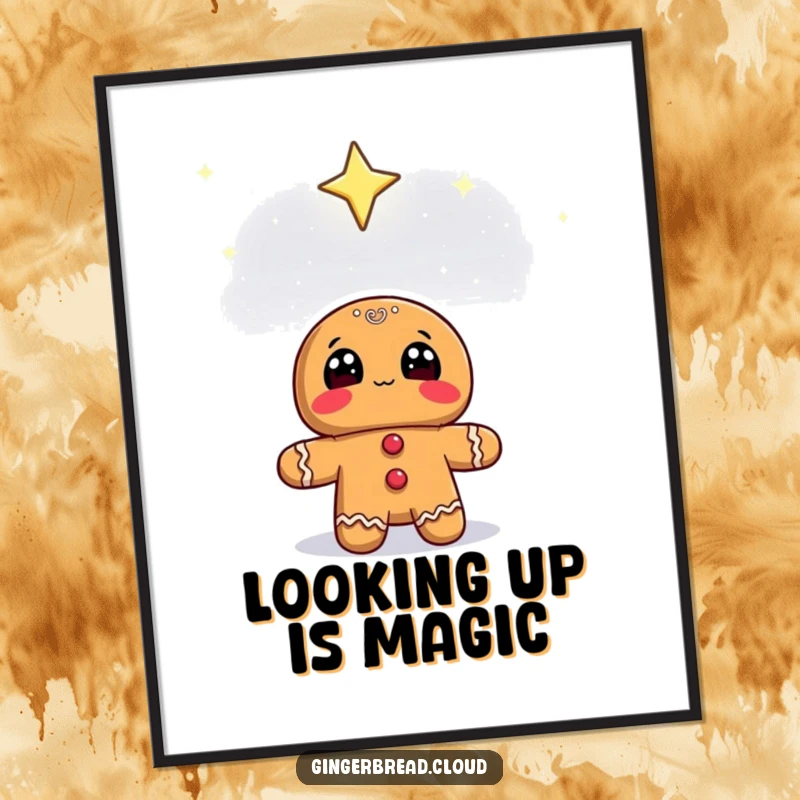 Funny gingerbread character with wide eyes looking up at a starry sky, as a digital art print.