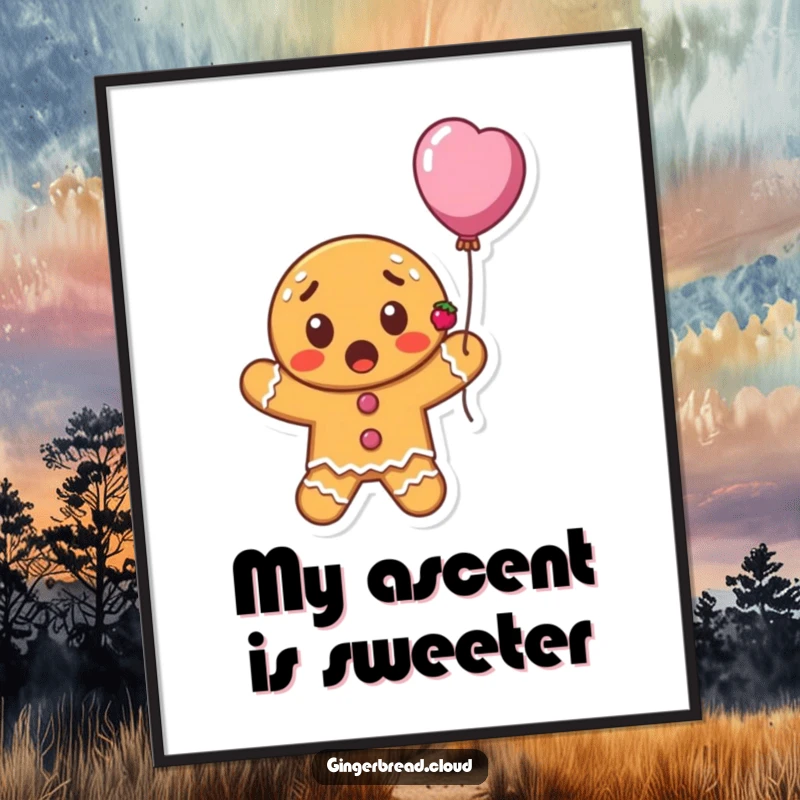 Funny surprised gingerbread cookie character with currants floating upwards on a balloon, whimsical digital art print, cheerful and festive printable.